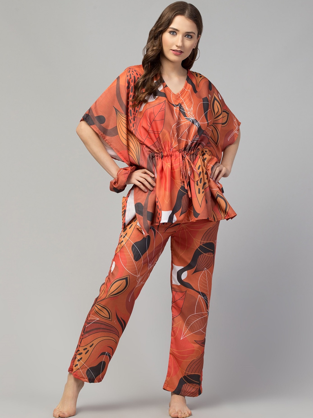 

FFLIRTYGO Floral Printed Kaftan Night Suit, Orange