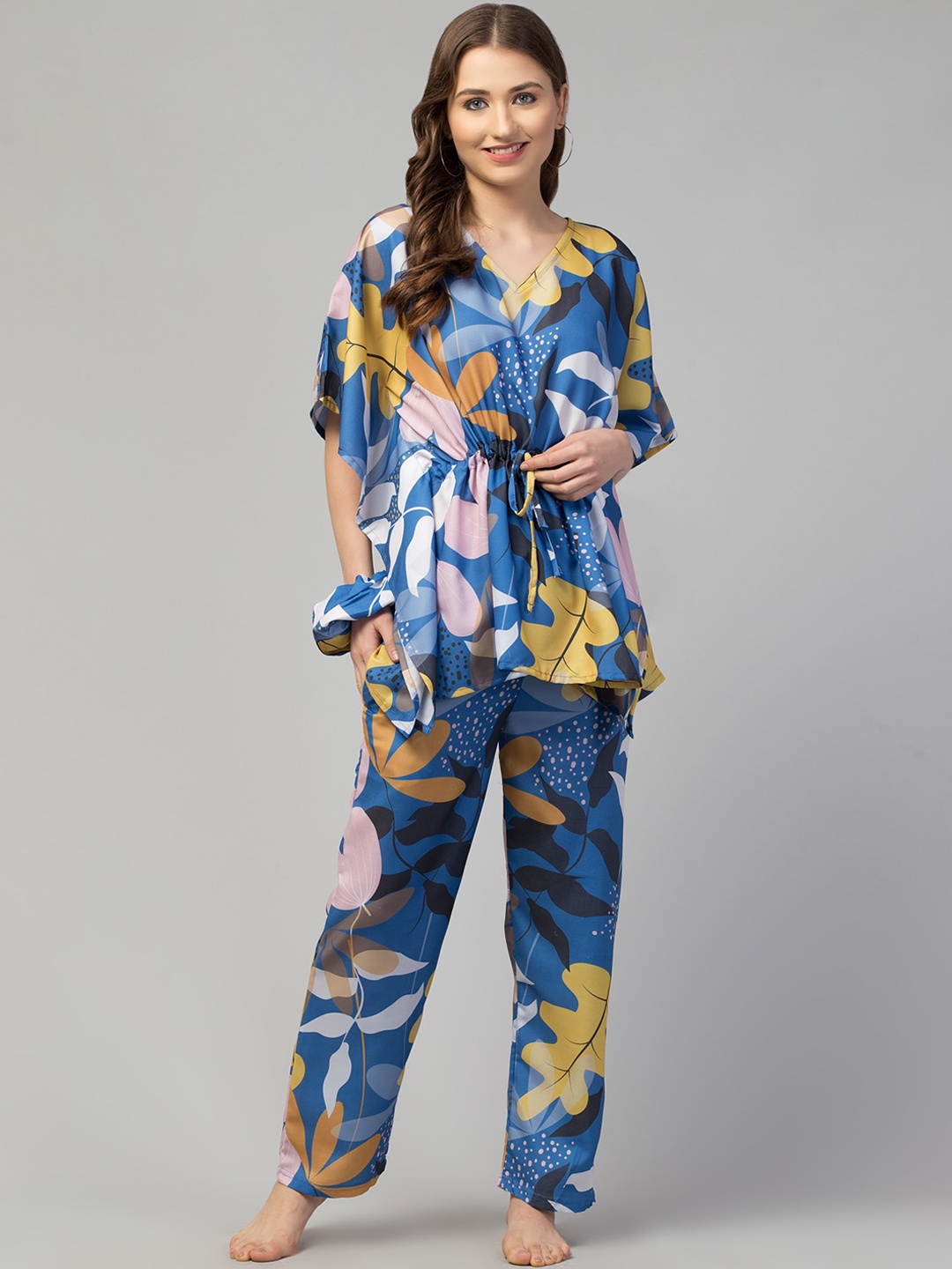 

FFLIRTYGO Floral Printed Kaftan Night Suit, Blue