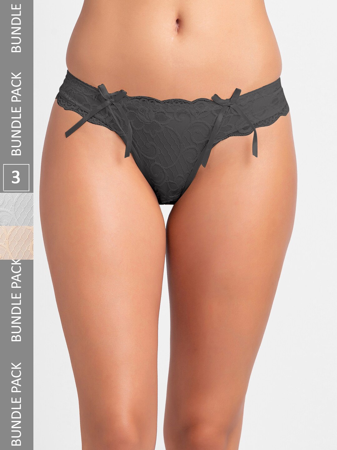 

NOIRA Women Pack Of 3 Assorted Self Design Lace Thongs Briefs