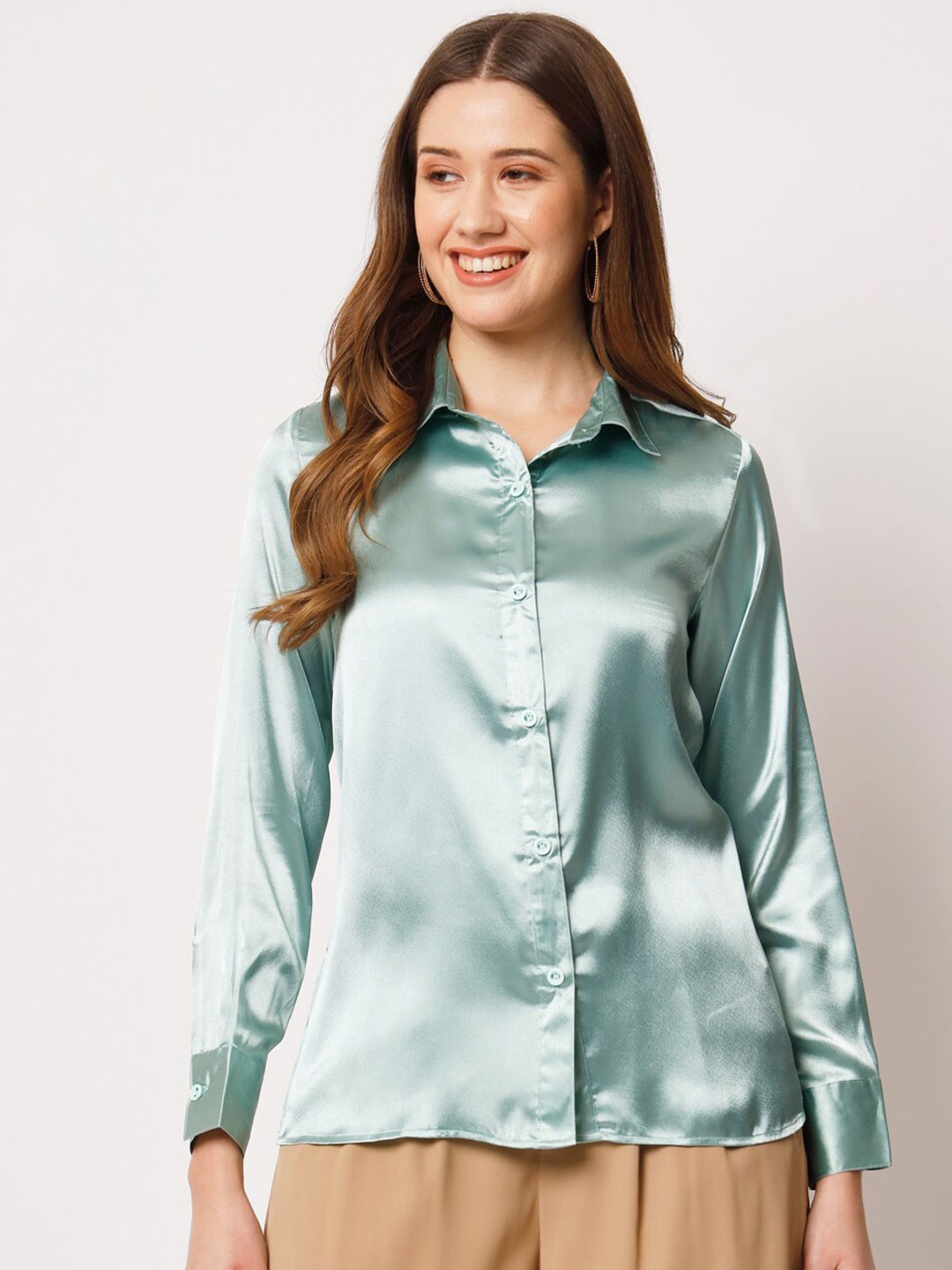 

CHARMGAL Classic Spread Collar Satin Casual Shirt, Turquoise blue