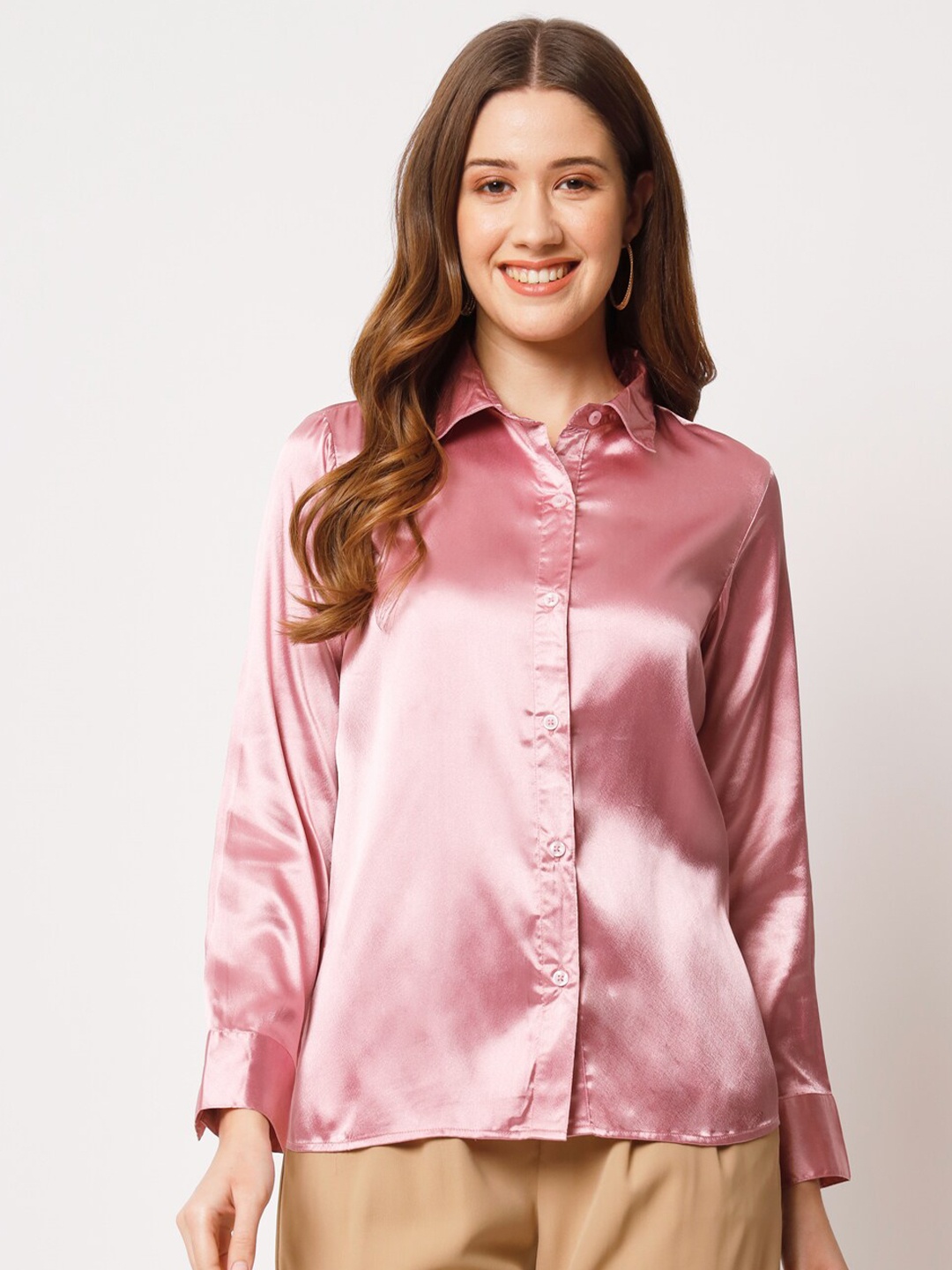 

CHARMGAL Spread Collar Long Sleeves Satin Classic Shirt, Pink