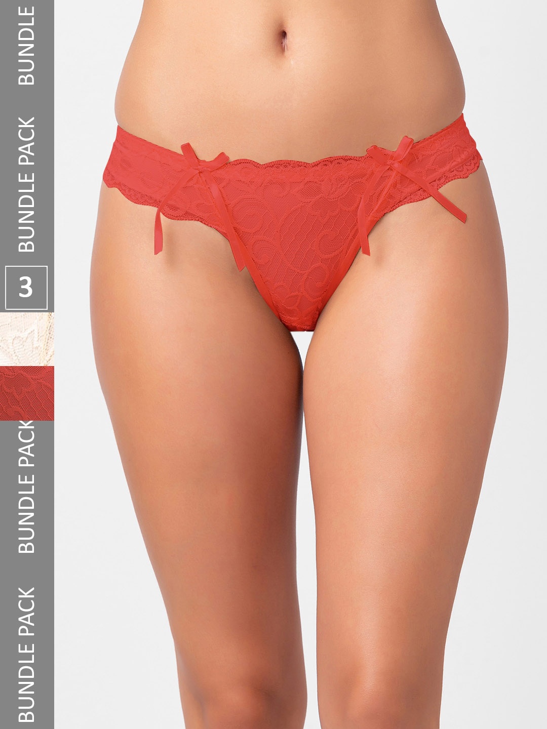 

NOIRA Women Pack Of 3 Assorted Self Design Lace Thongs Briefs