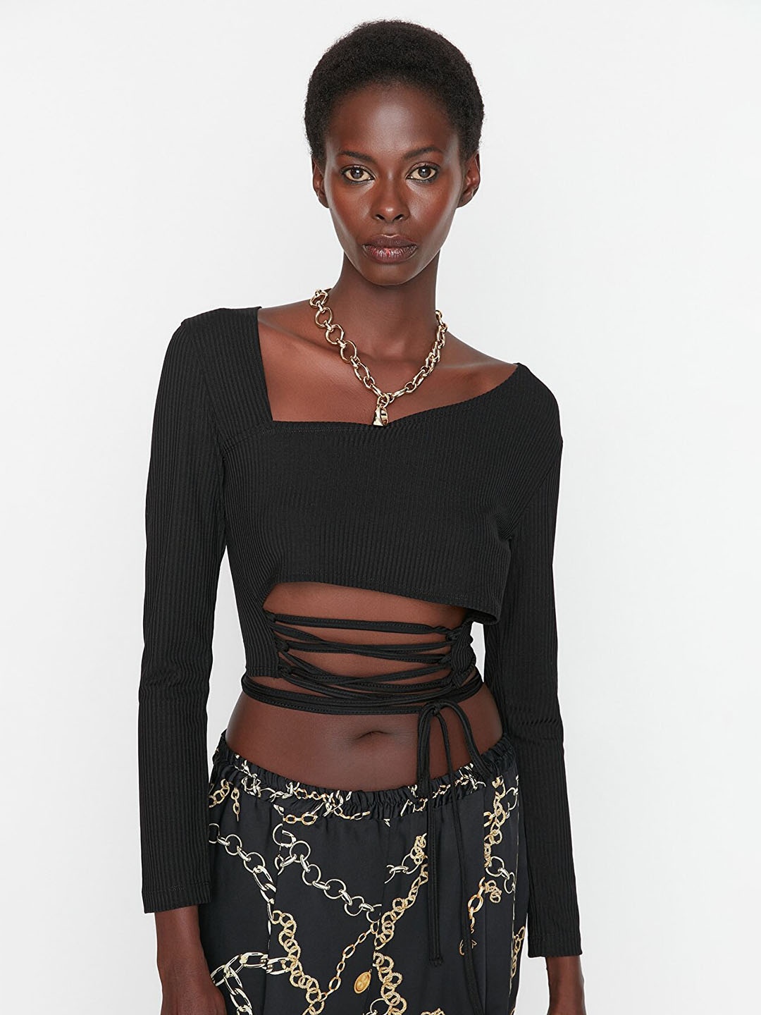 

Trendyol Self Design Cotton Crop Top, Black