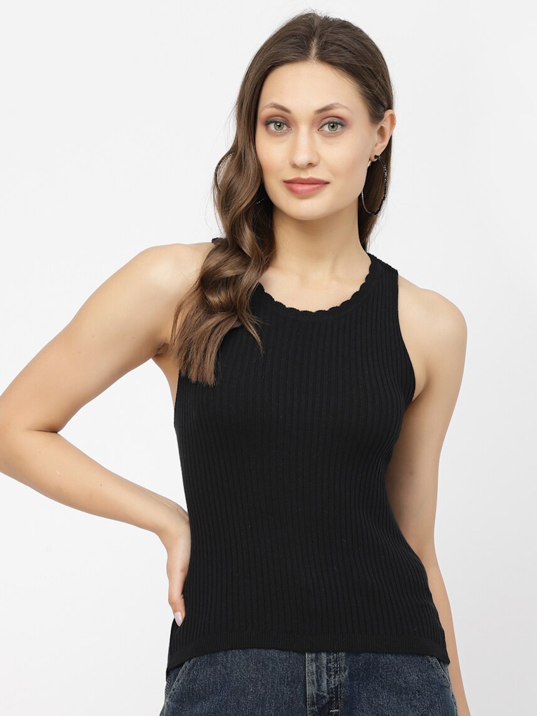 

Kalt Styled Back Cut-Out Fitted Tank Top, Black