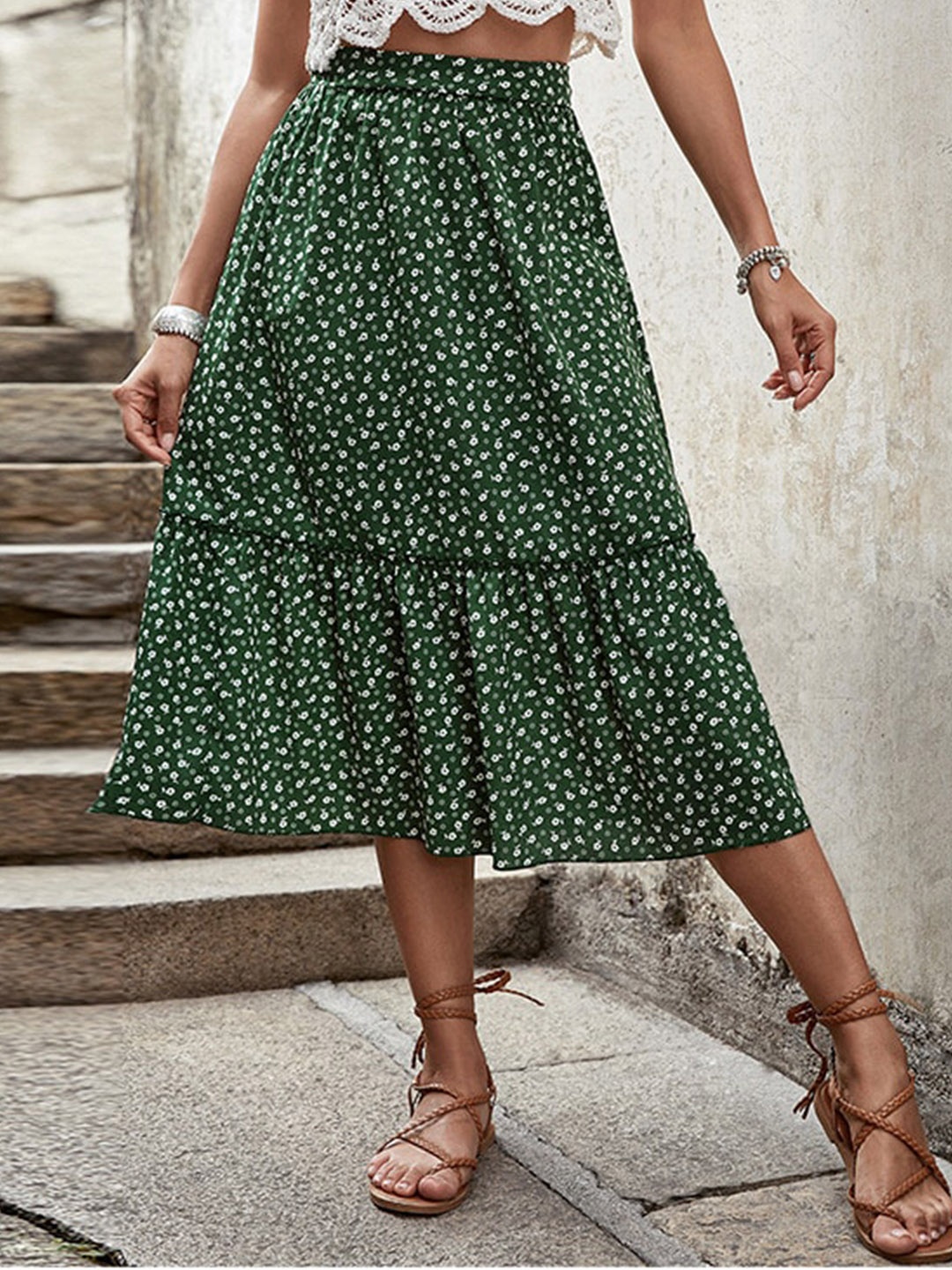 

BoStreet Floral Printed Midi Peplum Skirt, Green