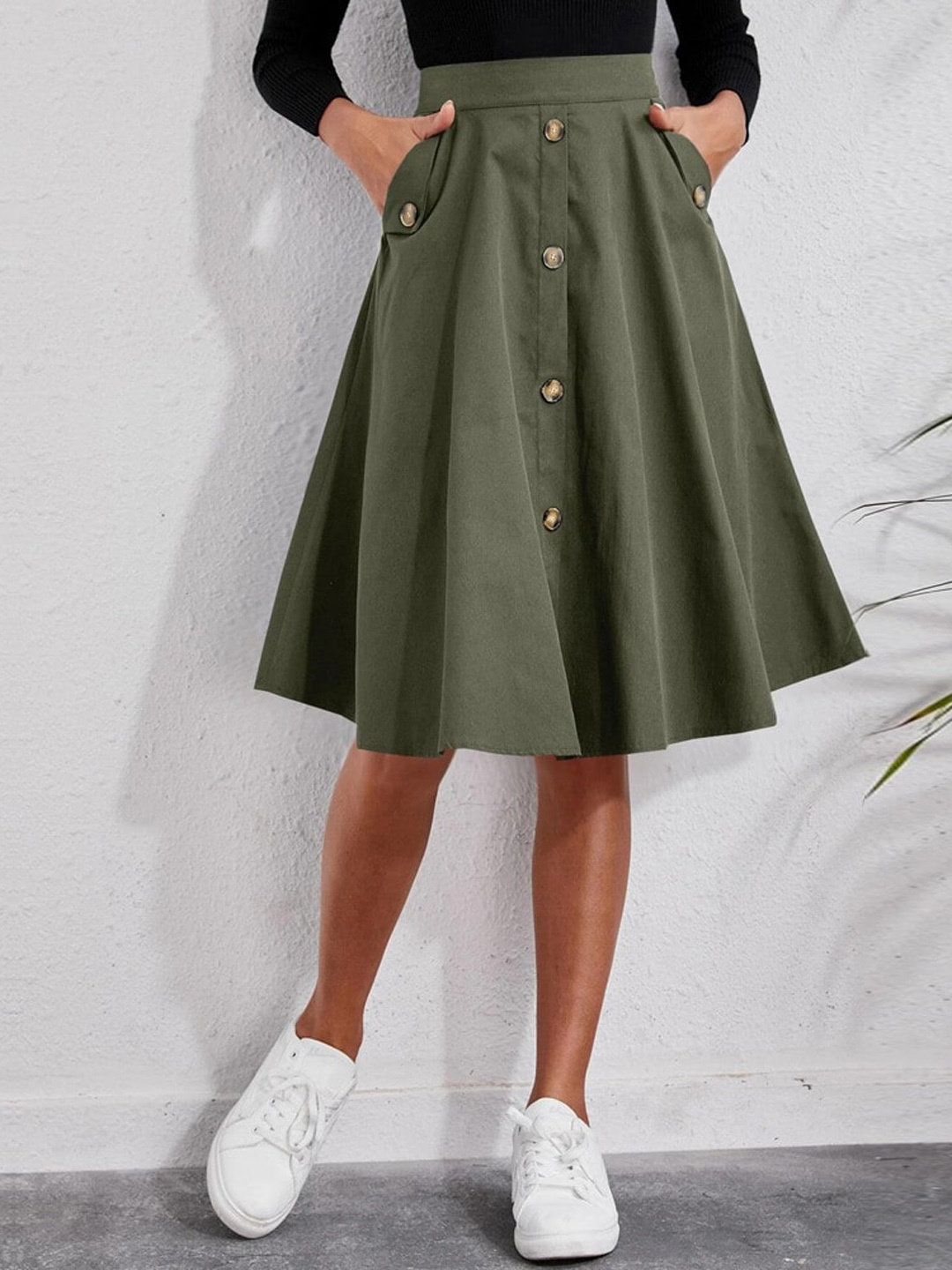 

BoStreet Flared Knee Length Skirt, Green