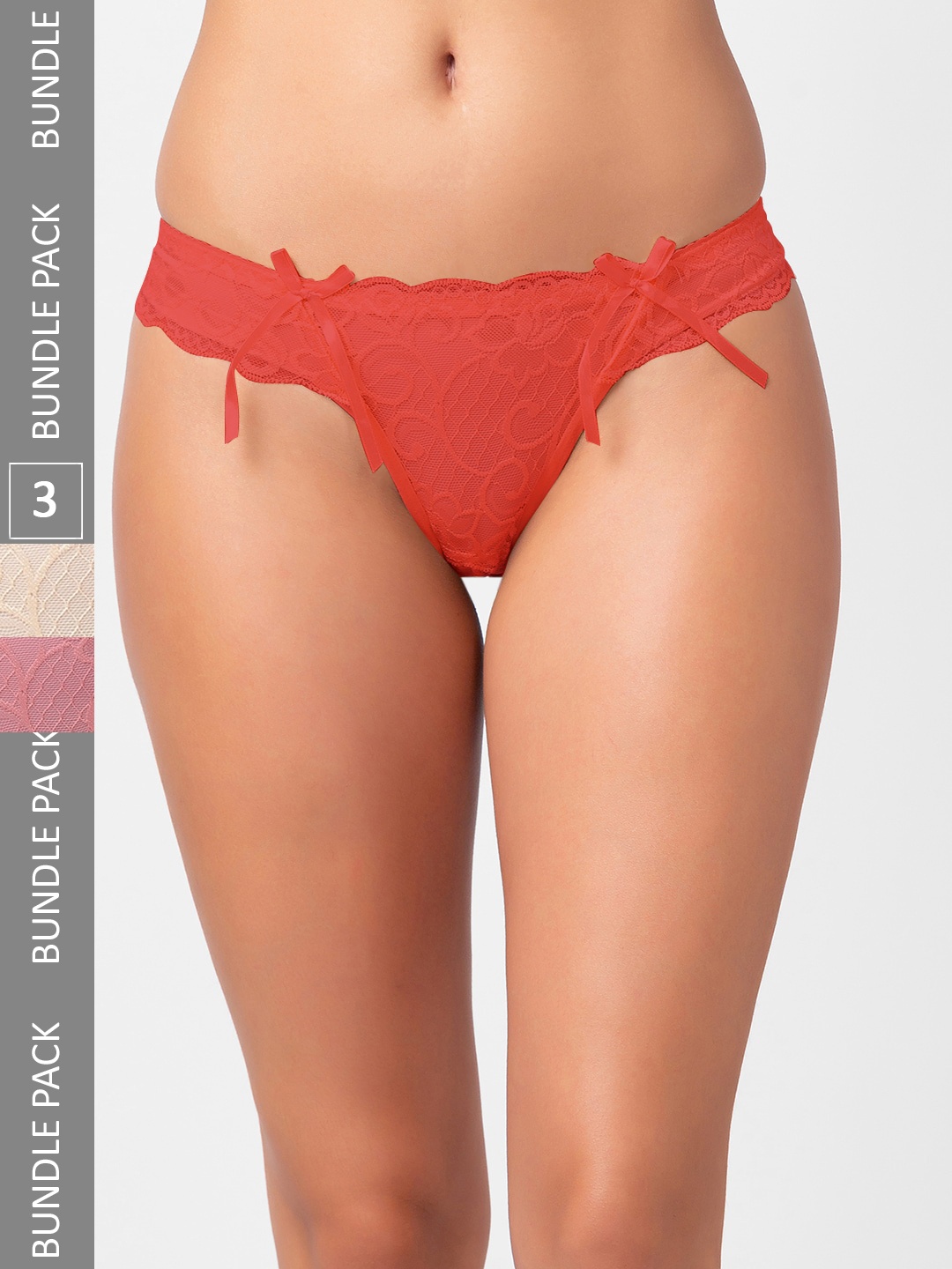

NOIRA Women Pack Of 3 Assorted Self Design Lace Thongs Briefs