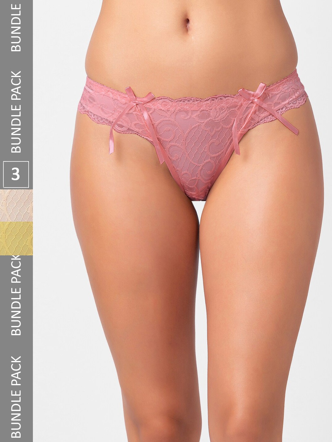 

NOIRA Women Pack Of 3 Assorted Self Design Lace Thongs Briefs