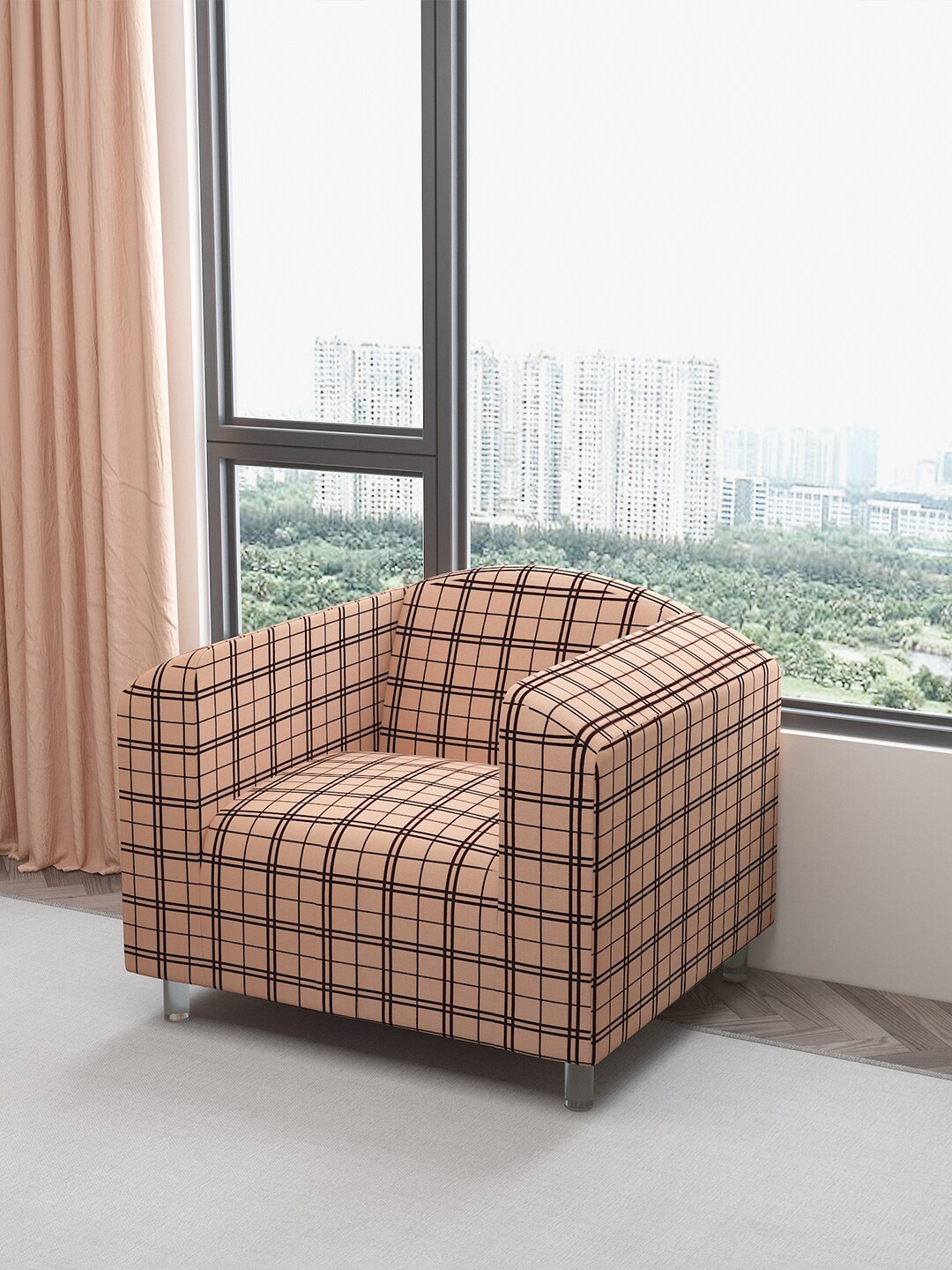 

DREAM CARE Beige & Black Checked 1-Seater Flexible Sofa Cover With Arms