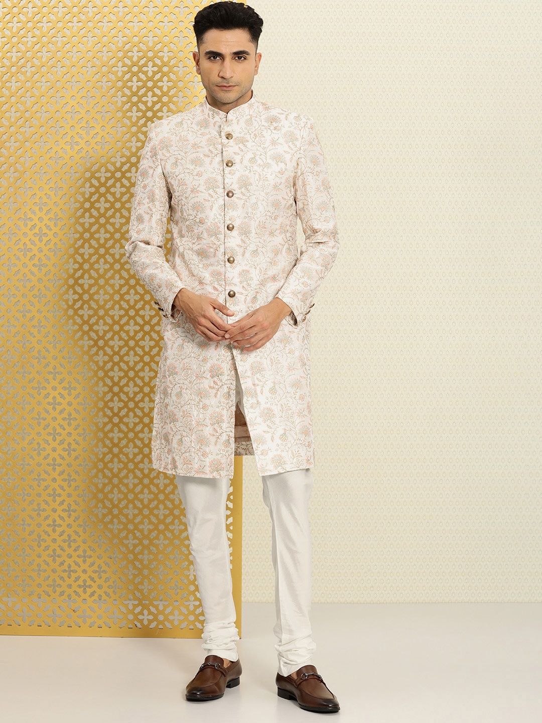 

House of Pataudi Jashn Floral Woven Design Zari Work Sherwani Set, White