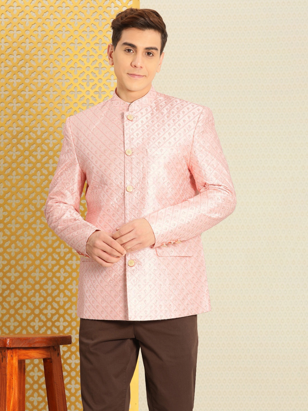 

House of Pataudi Jashn Mandarin Collar Textured With Sequined Detail Bandhgala Blazer, Pink