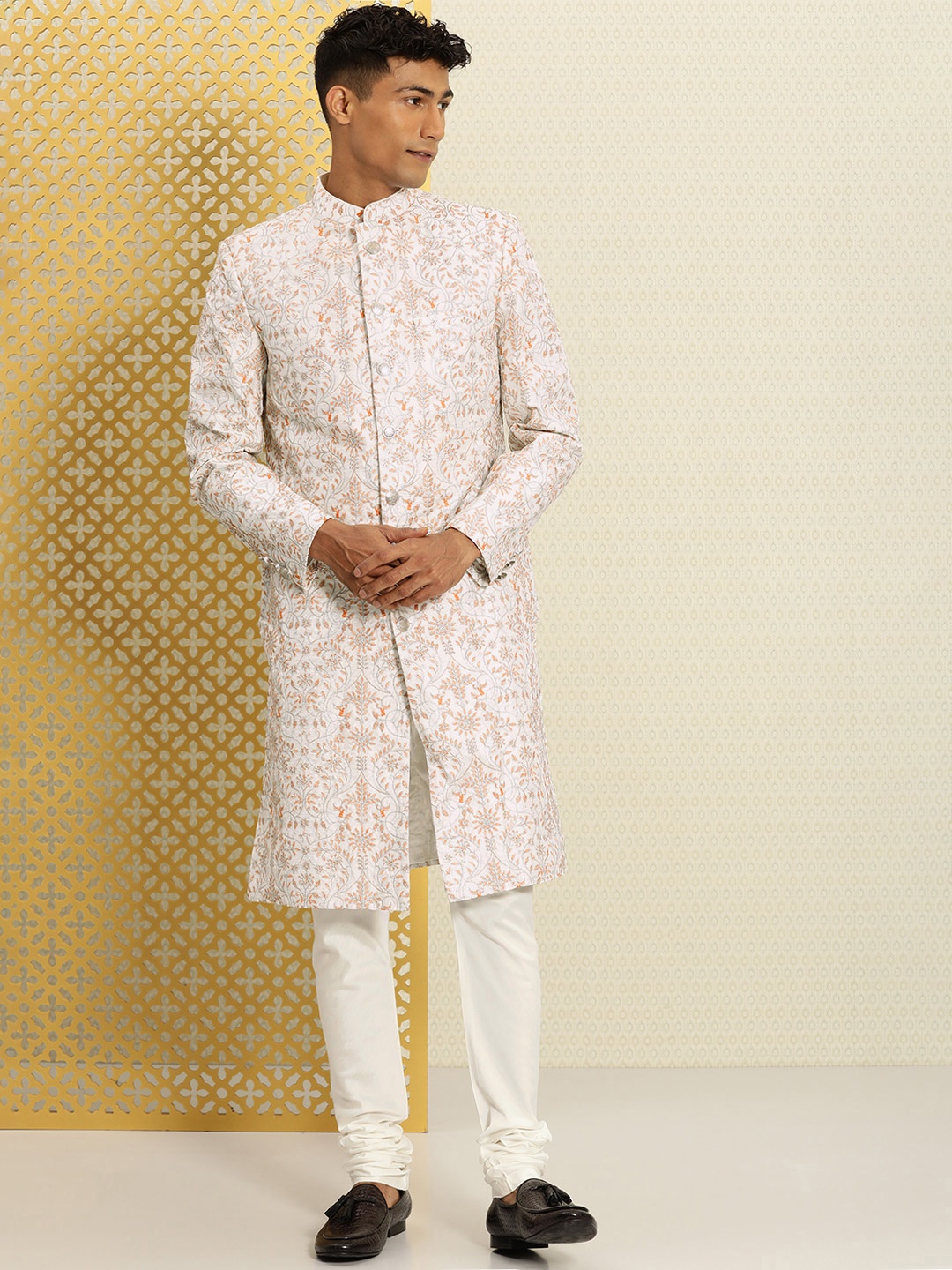 

House of Pataudi Jashn Woven Design Zari Work Sherwani Set, White