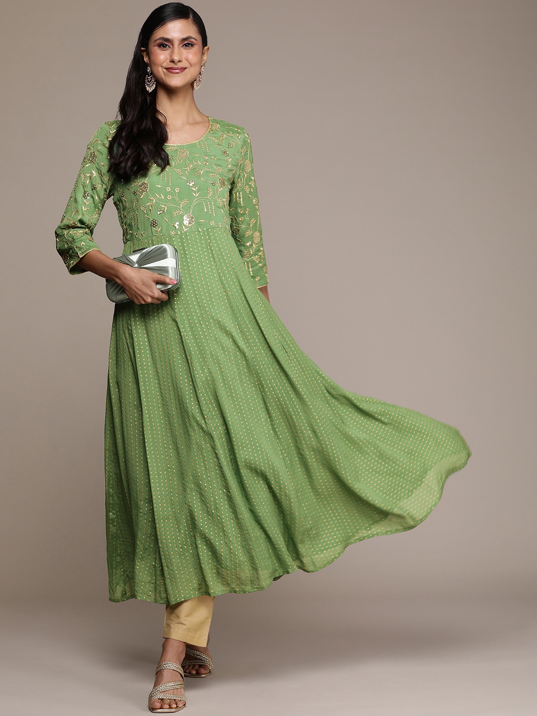 

House of Pataudi Jashn Ethnic Motifs Embroidered Sequinned Kurta, Green