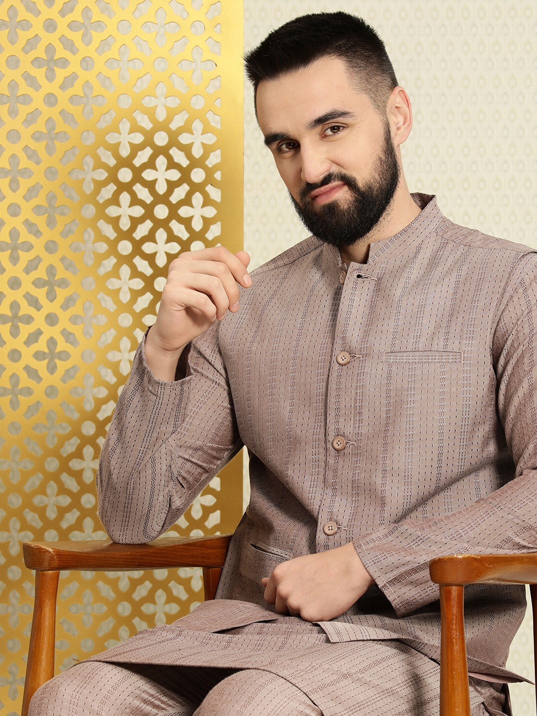 

House of Pataudi Men Jashn Self Design Textured Kurta & Trousers With Nehru Jacket, Taupe