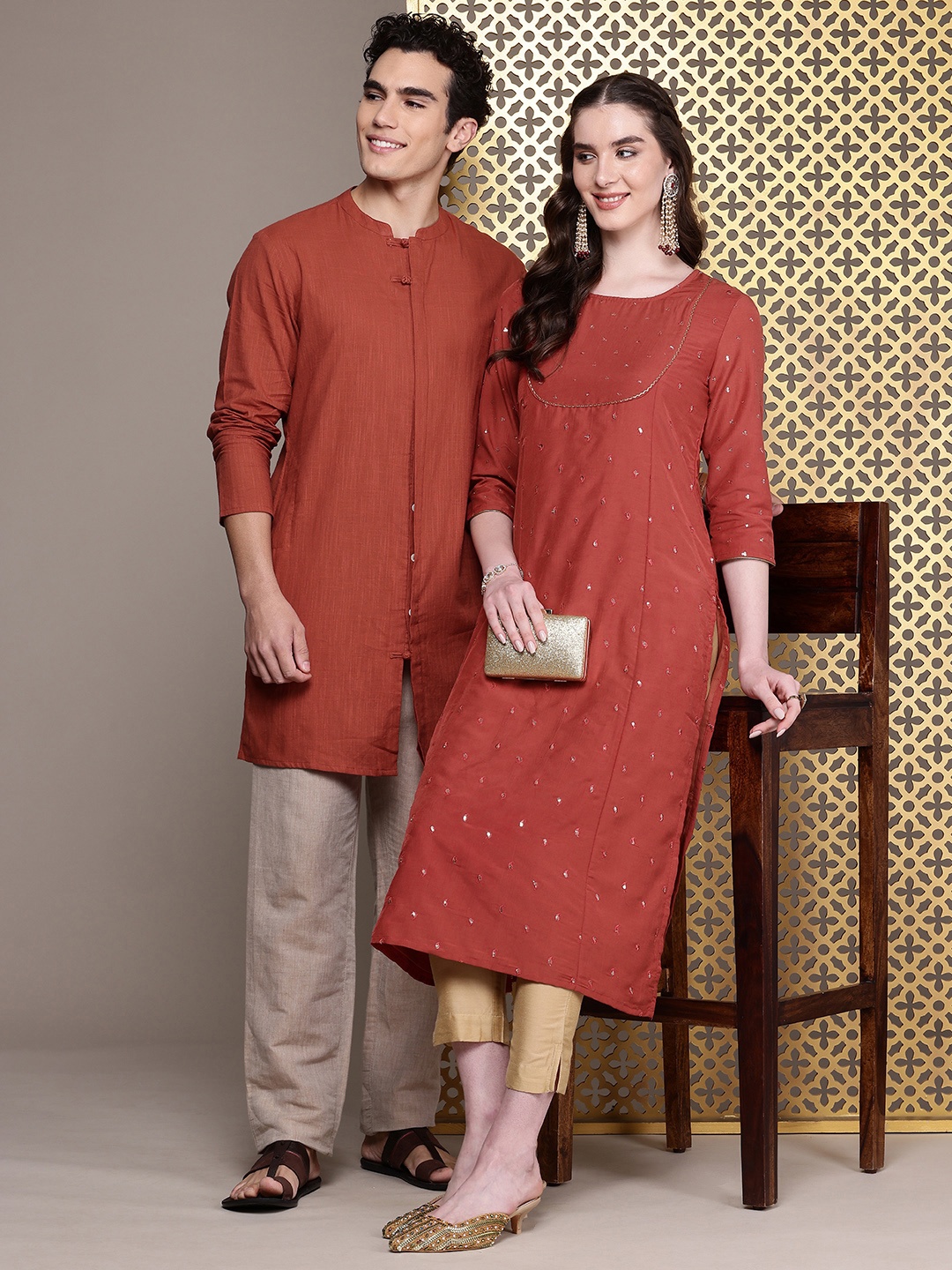 

House of Pataudi Embellished Sequined Straight Jashn Kurta, Rust