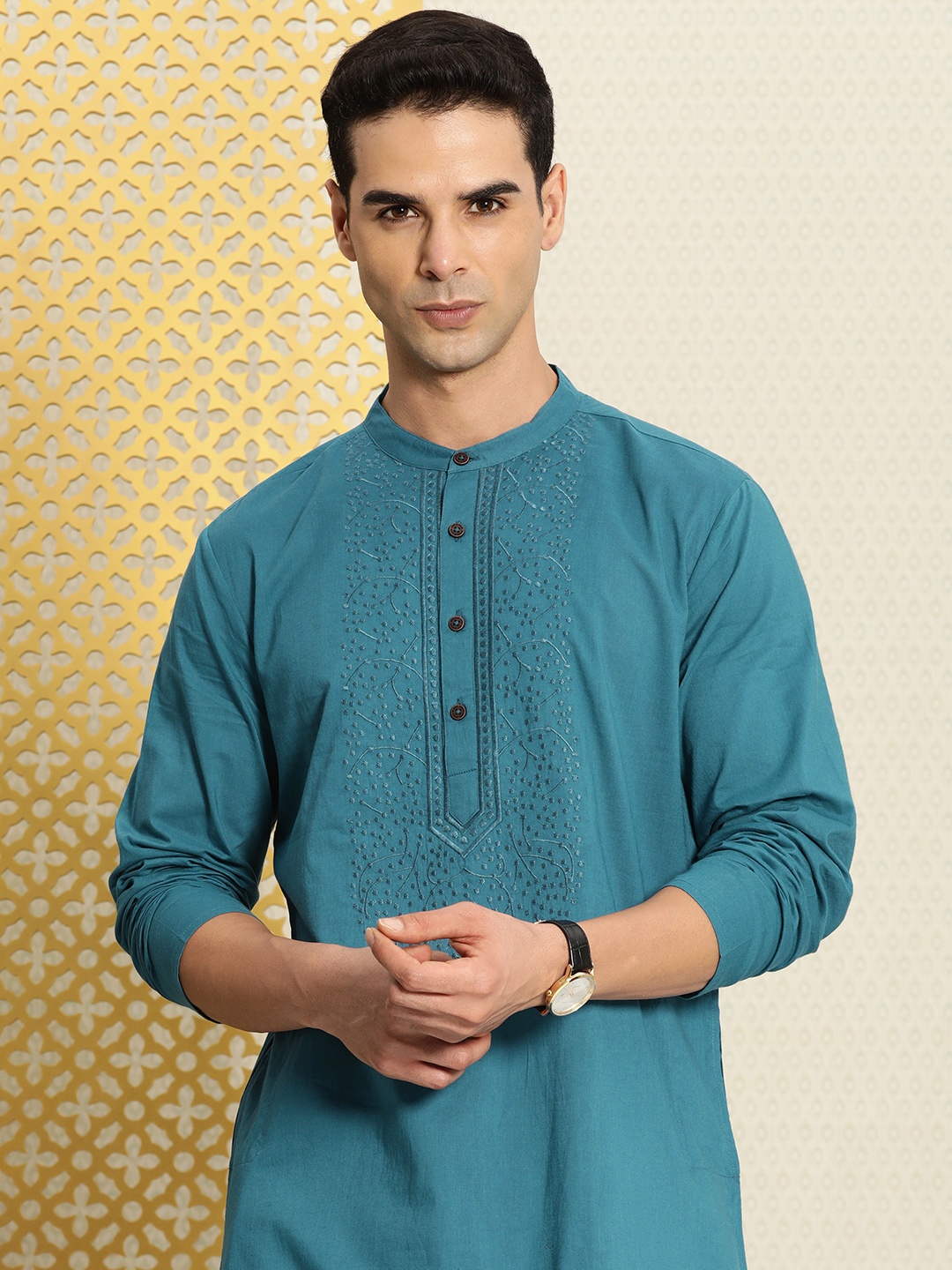 

House of Pataudi Floral Yoke Design Jashn Kurta, Blue