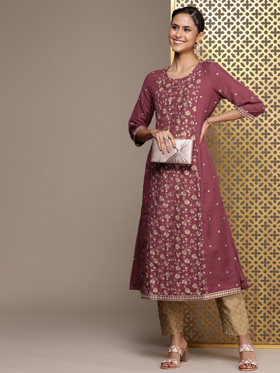 

House of Pataudi Jashn Ethnic Motifs Embroidered Thread Work Kurta, Mauve