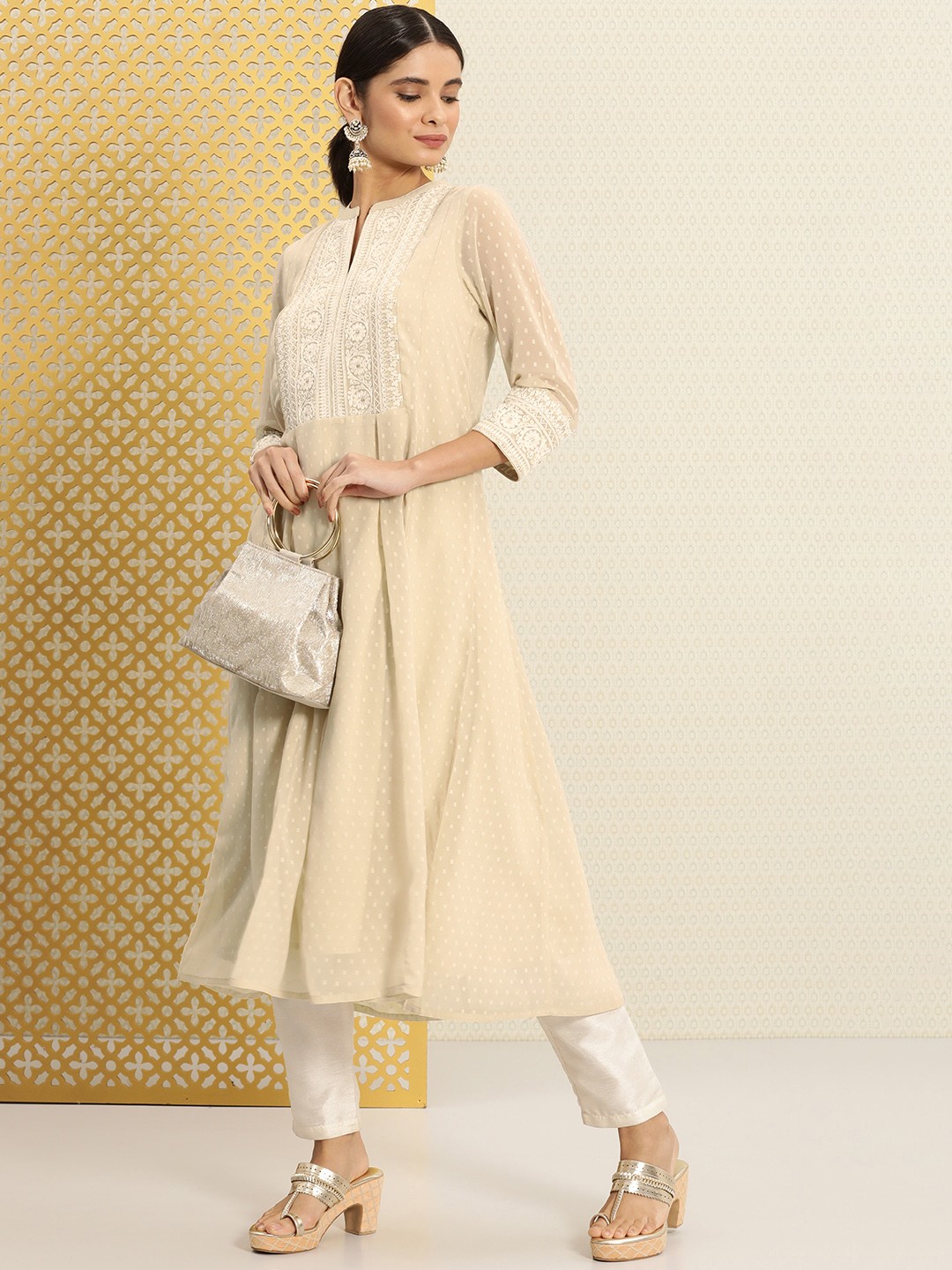

House of Pataudi Ethnic Woven Design Thread Work Anarkali Jashn Kurta, Beige