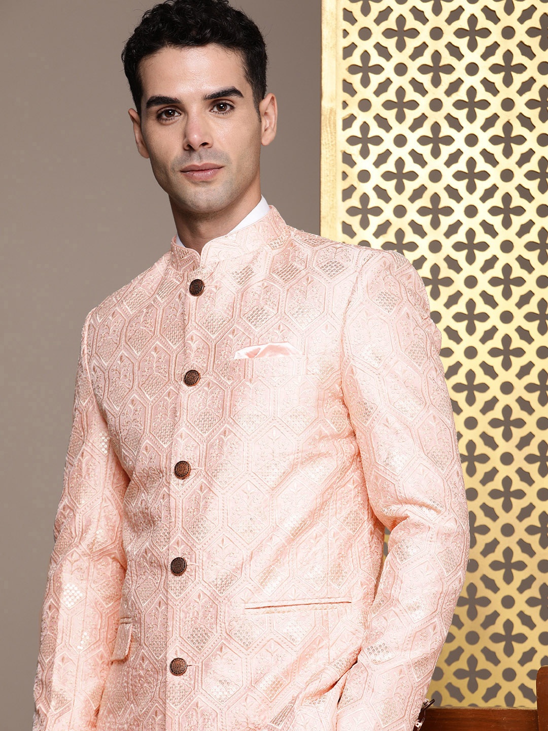 

House of Pataudi Jashn Mandarin Collar Ethnic Motifs Woven Design Bandhgala Blazer, Peach