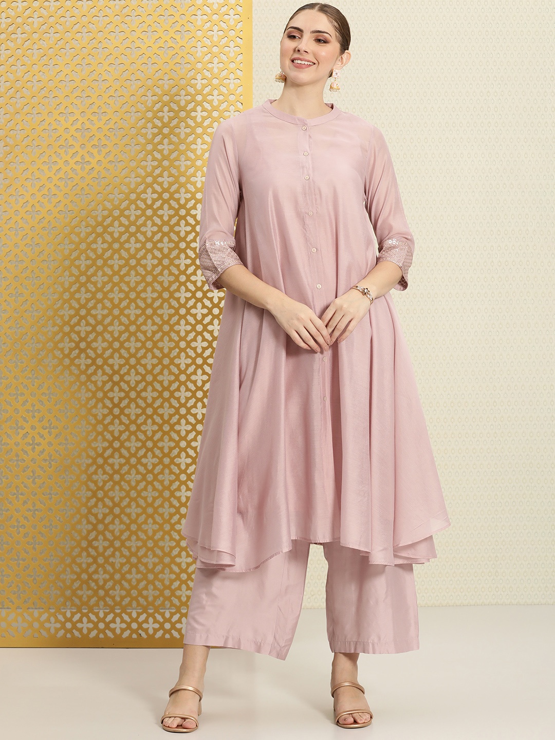 

House of Pataudi Women Jashn Sequinned A-Line Kurta With Palazzos, Rose