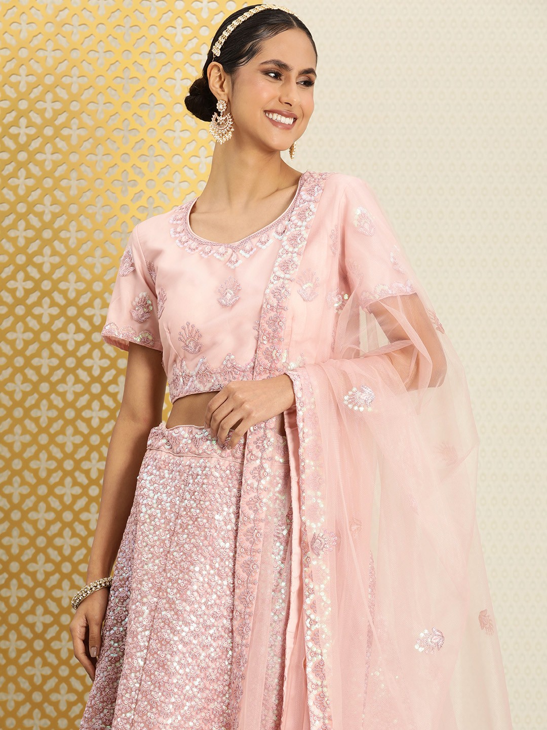 

House of Pataudi Jashn Embellished & Sequined Lehenga & Blouse With Dupatta, Pink