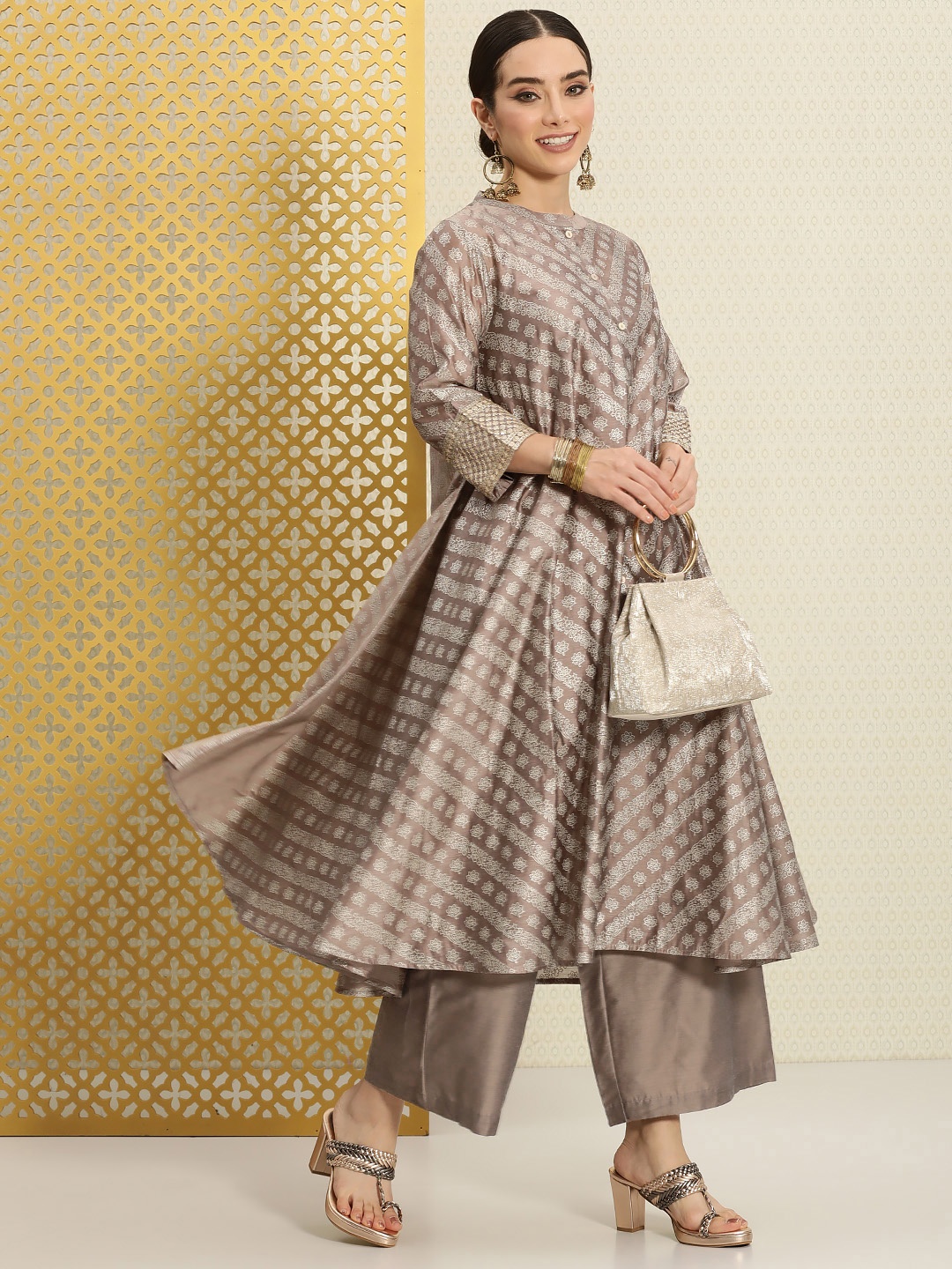 

House of Pataudi Women Jashn Ethnic Motifs Printed Sequinned A-Line Kurta with Palazzos, Taupe