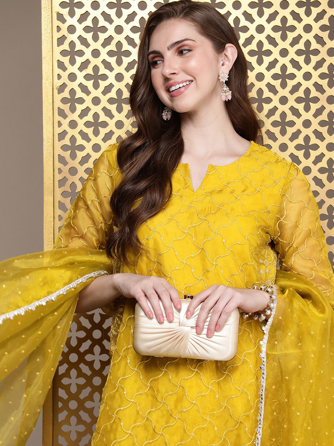 

House of Pataudi Sequinned Jashn Kurta With Trousers & With Dupatta, Mustard