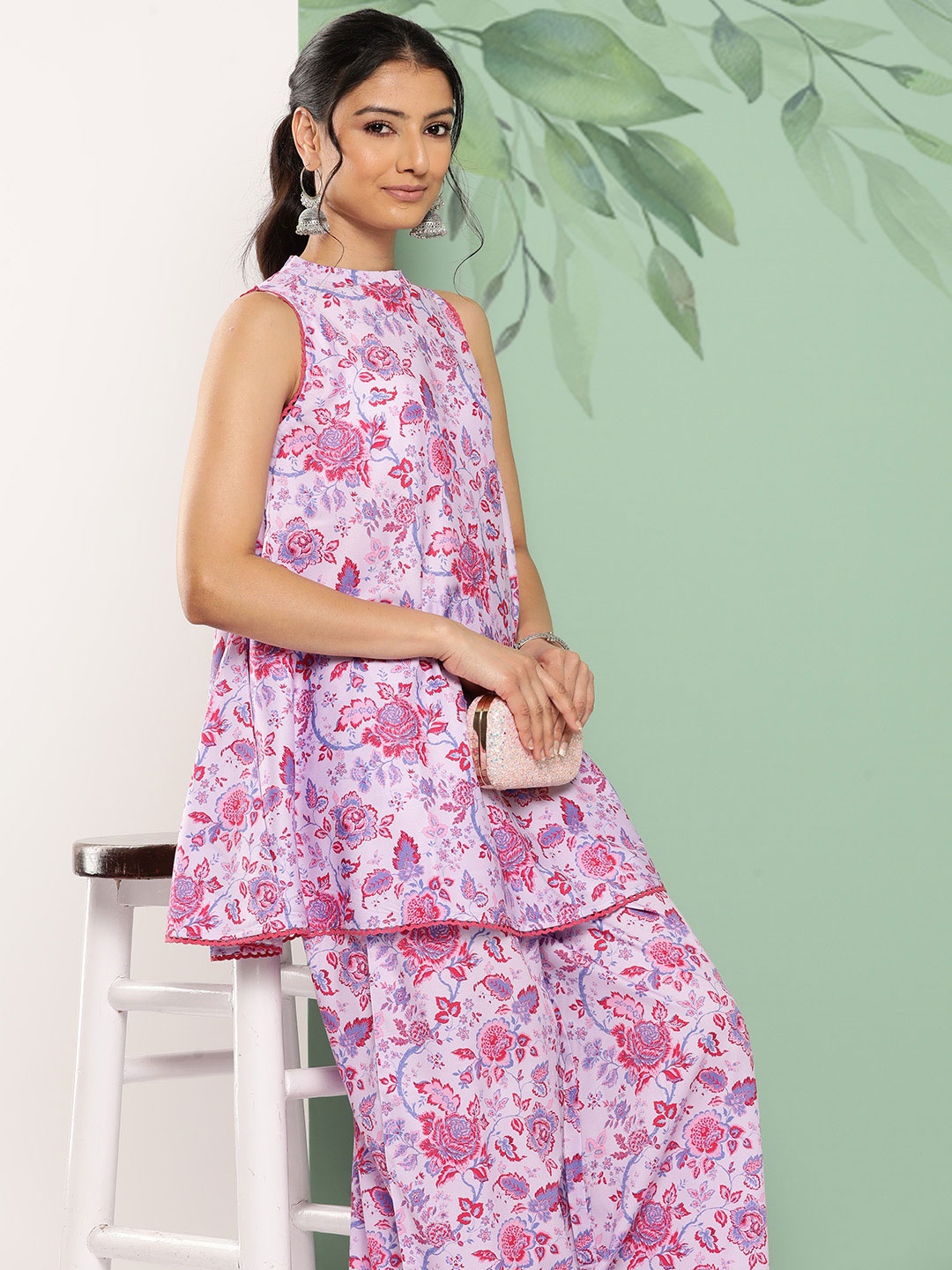 

Janasya Women Floral Printed Regular Kurti with Palazzos, Lavender