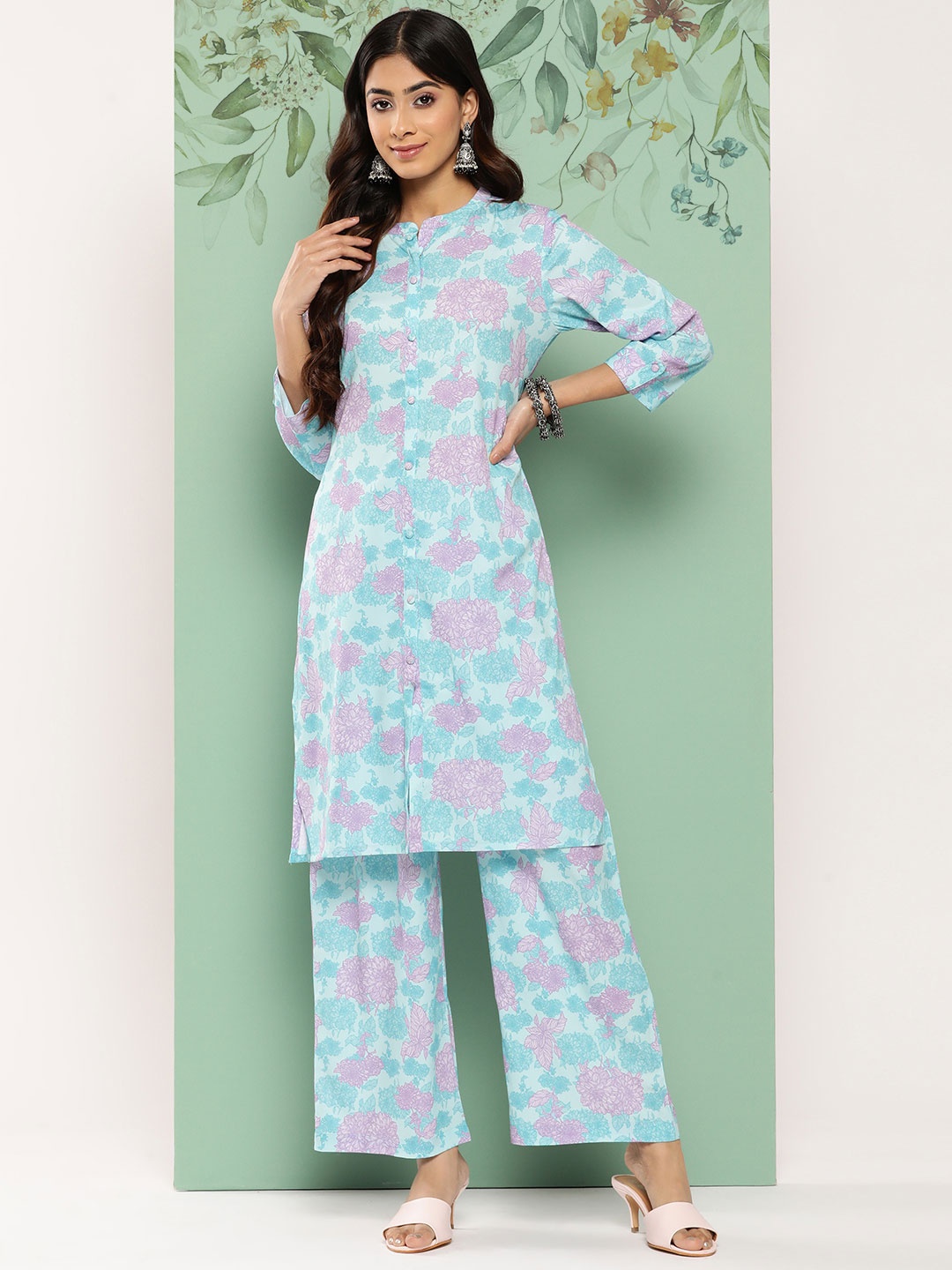 

Janasya Women Floral Printed Regular Kurta with Palazzos, Blue