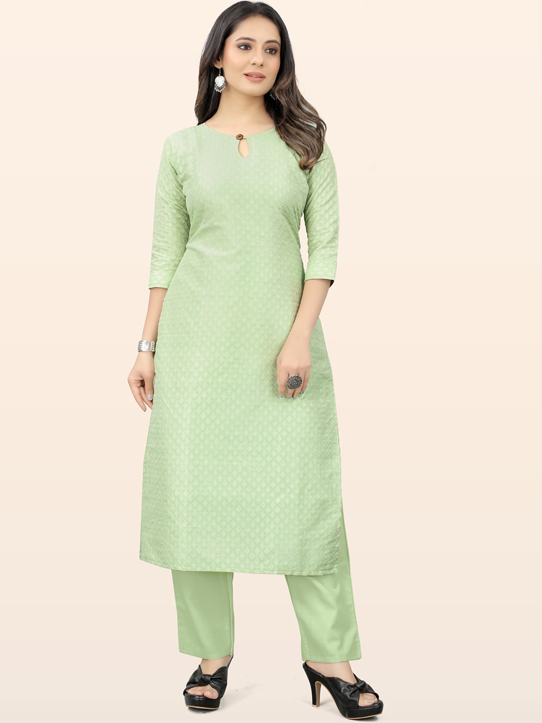 

KALINI Ethnic Motifs Woven Design Keyhole Neck Jacquard Kurta with Trousers, Green