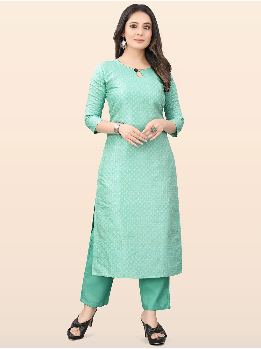 

KALINI Ethnic Motifs Woven Design Keyhole Neck Jacquard Kurta with Trousers, Sea green