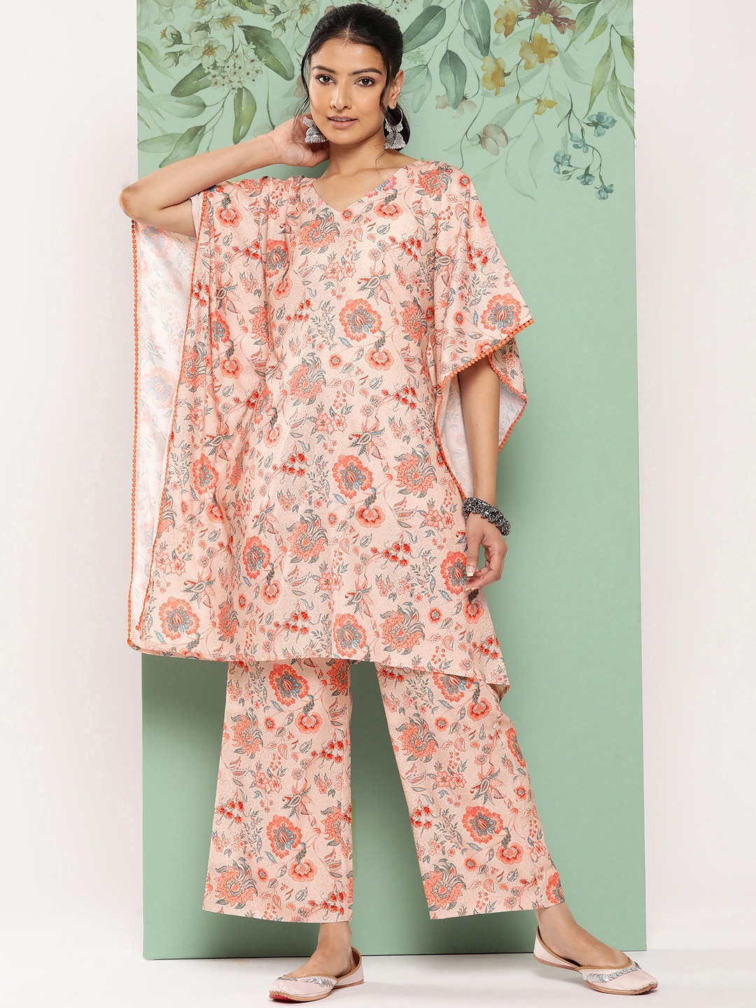 

Janasya Women Floral Printed Regular Kurta with Palazzos, Peach