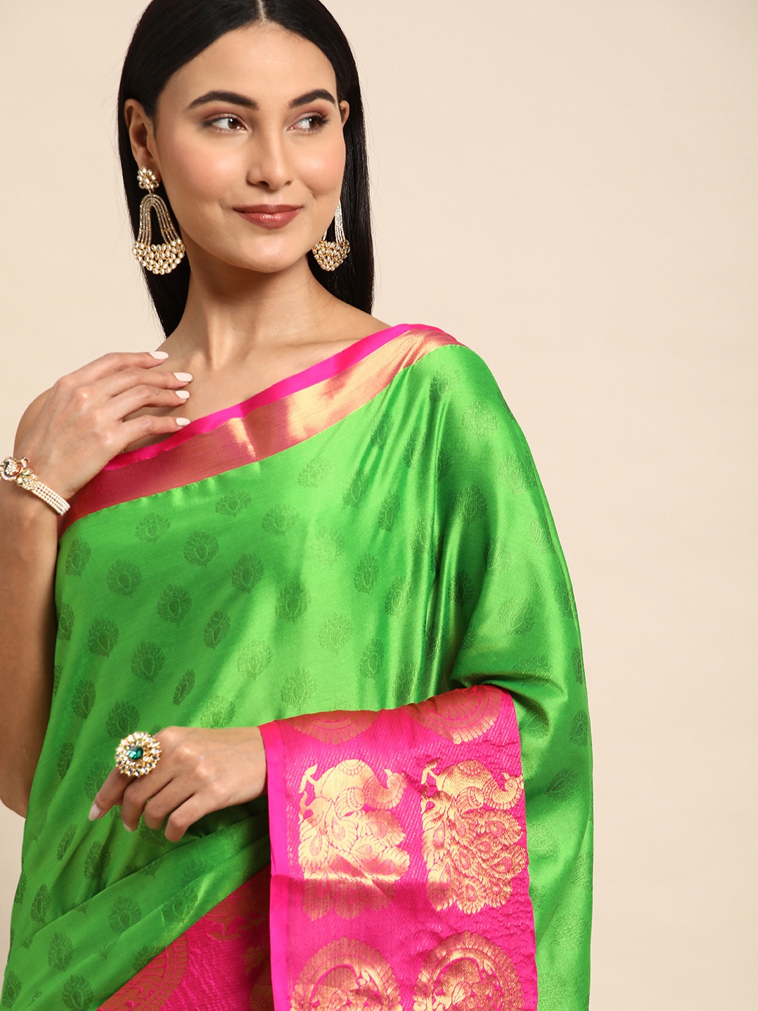 

Mitera Ethnic Motifs Zari Silk Cotton Banarasi Saree, Green