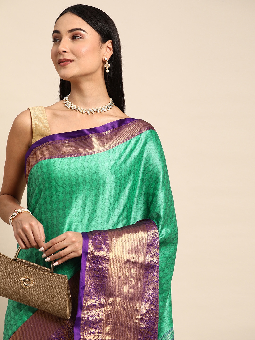 

Mitera Ethnic Motifs Zari Silk Cotton Banarasi Saree, Teal
