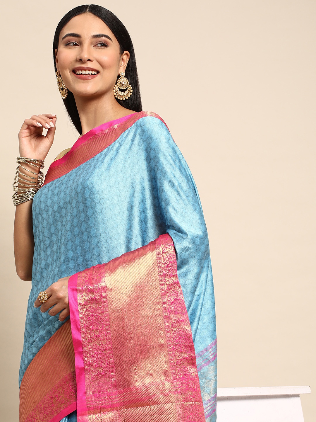

Mitera Ethnic Motifs Zari Silk Cotton Banarasi Saree, Blue
