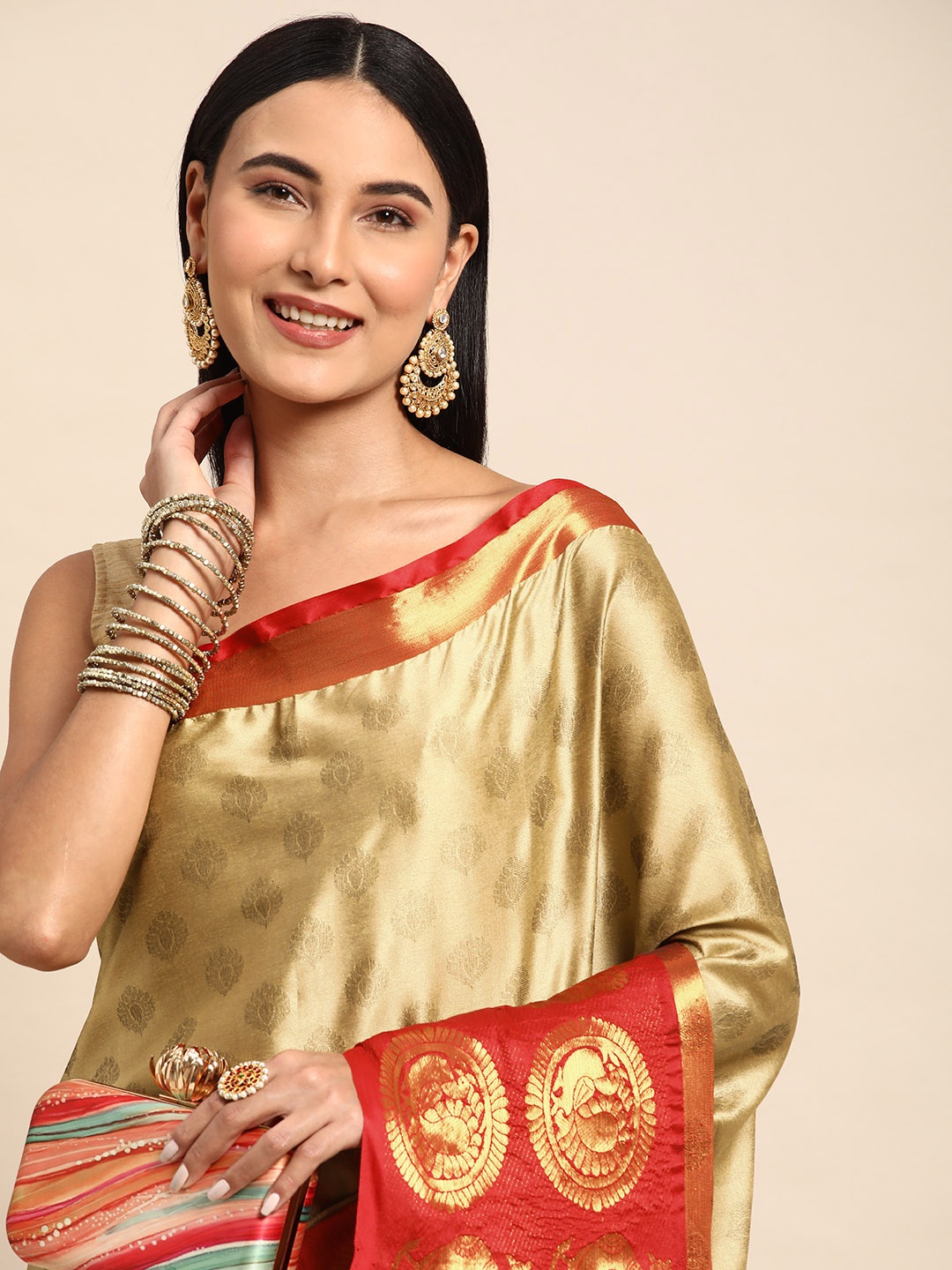 

Mitera Ethnic Motifs Zari Silk Cotton Banarasi Saree, Beige