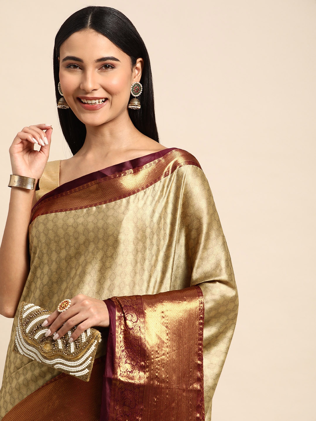 

Mitera Ethnic Motifs Zari Silk Cotton Banarasi Saree, Beige