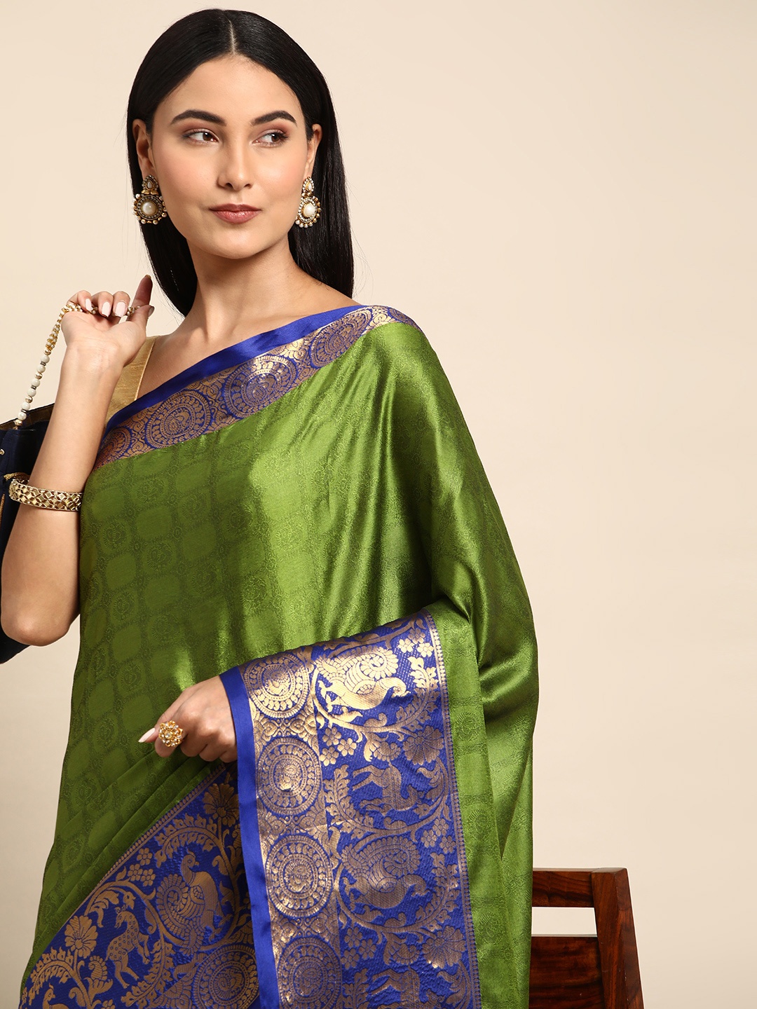 

Mitera Ethnic Motifs Zari Silk Cotton Banarasi Saree, Green