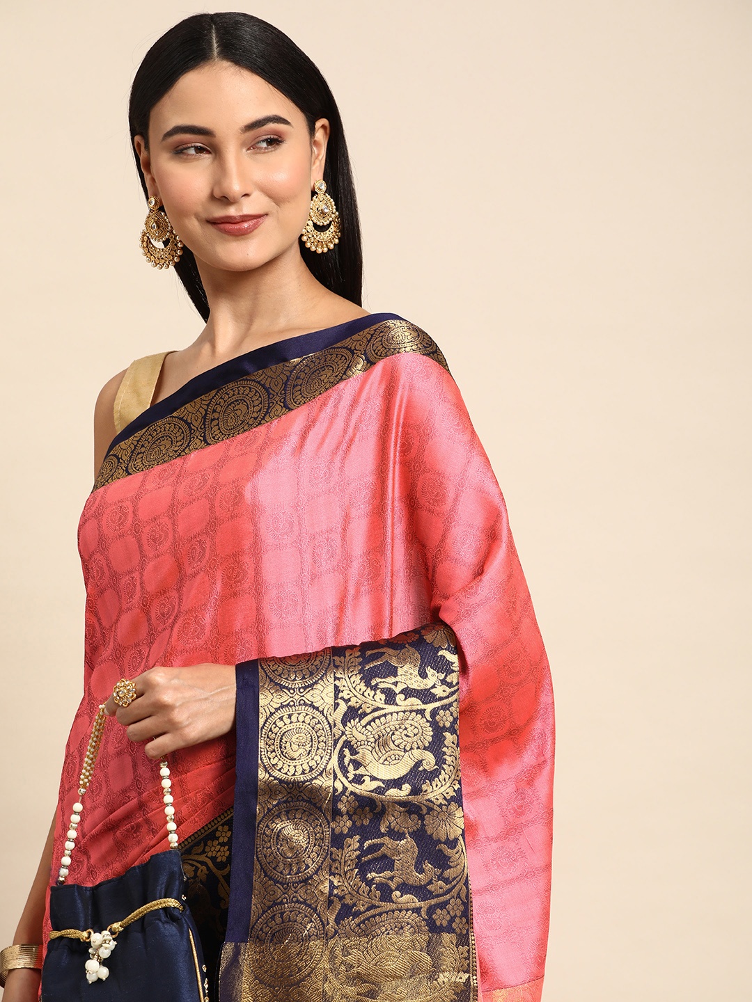 

Mitera Ethnic Motifs Zari Silk Cotton Banarasi Saree, Pink