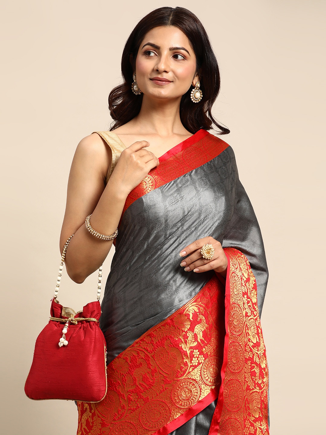 

Mitera Woven Design Zari Silk Cotton Banarasi Saree, Grey