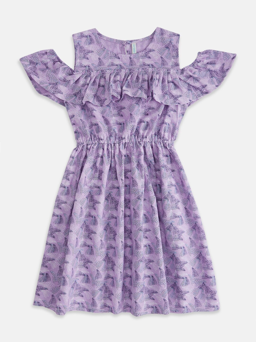 

Pantaloons Junior Girls Floral Printed Cotton Linen Cold-Shoulder A-Line Dress, Purple