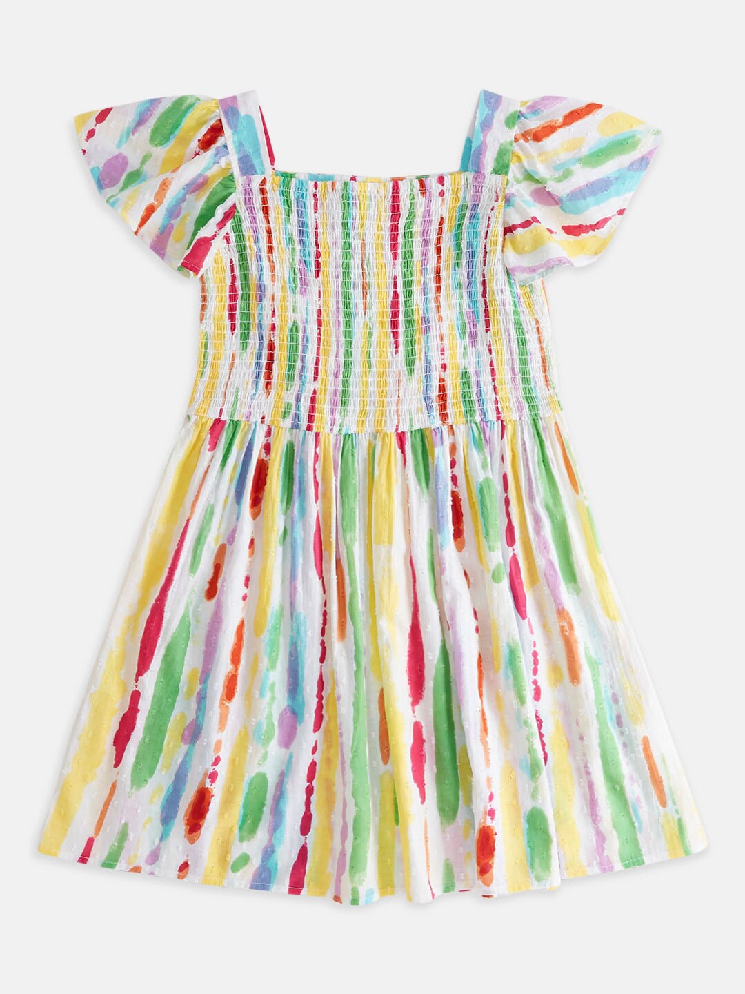 

Pantaloons Junior Girls V-Neck Abstract Printed Smocked Cotton A-Line Dress, White
