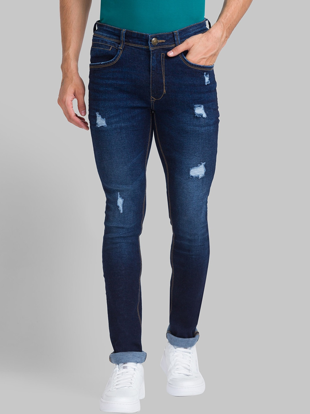 

Parx Men Skinny Fit Mildly Distressed Light Fade Jeans, Blue