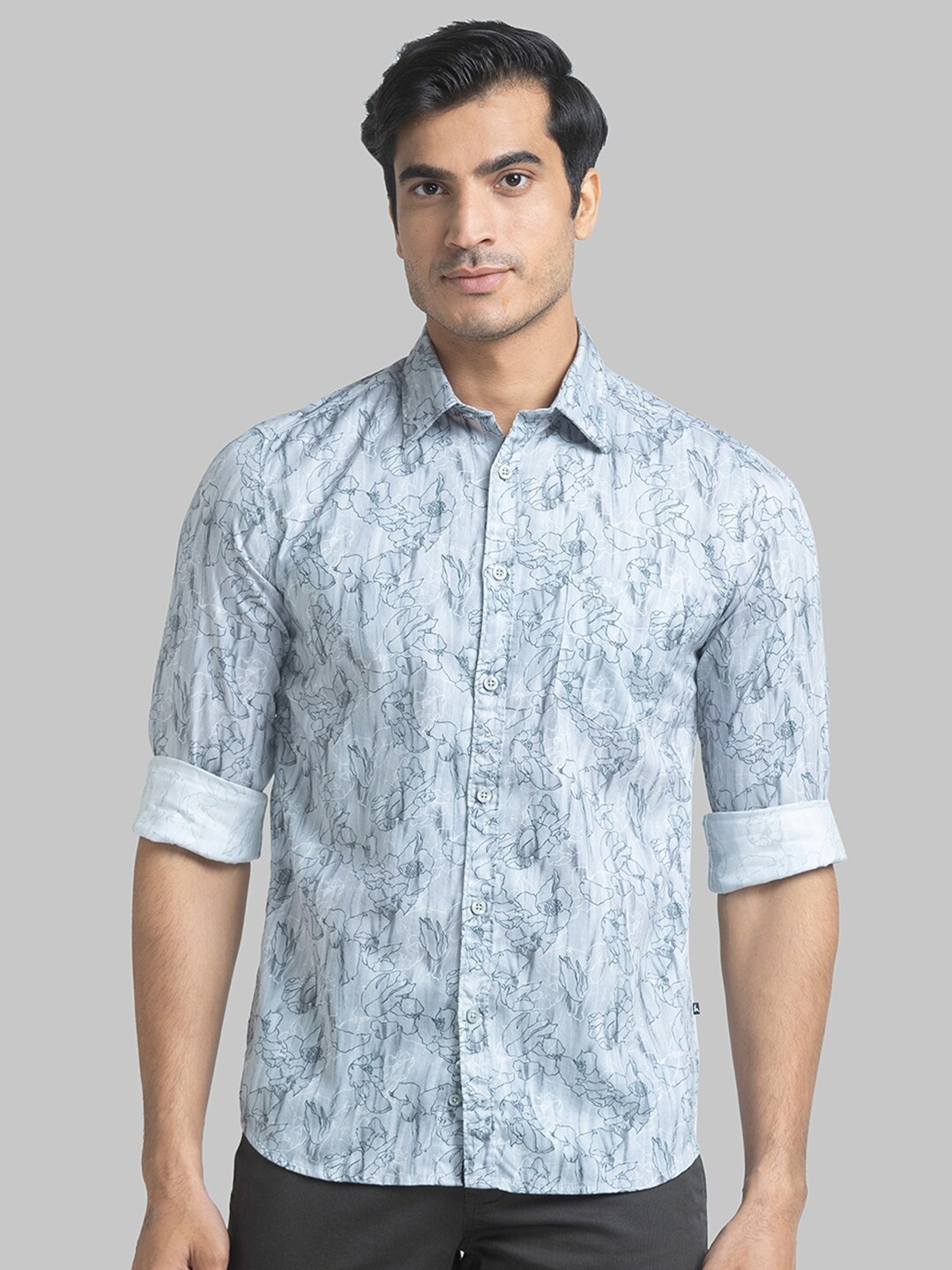 

Parx Slim Fit Floral Printed Spread Collar Pure Cotton Casual Shirt, Grey