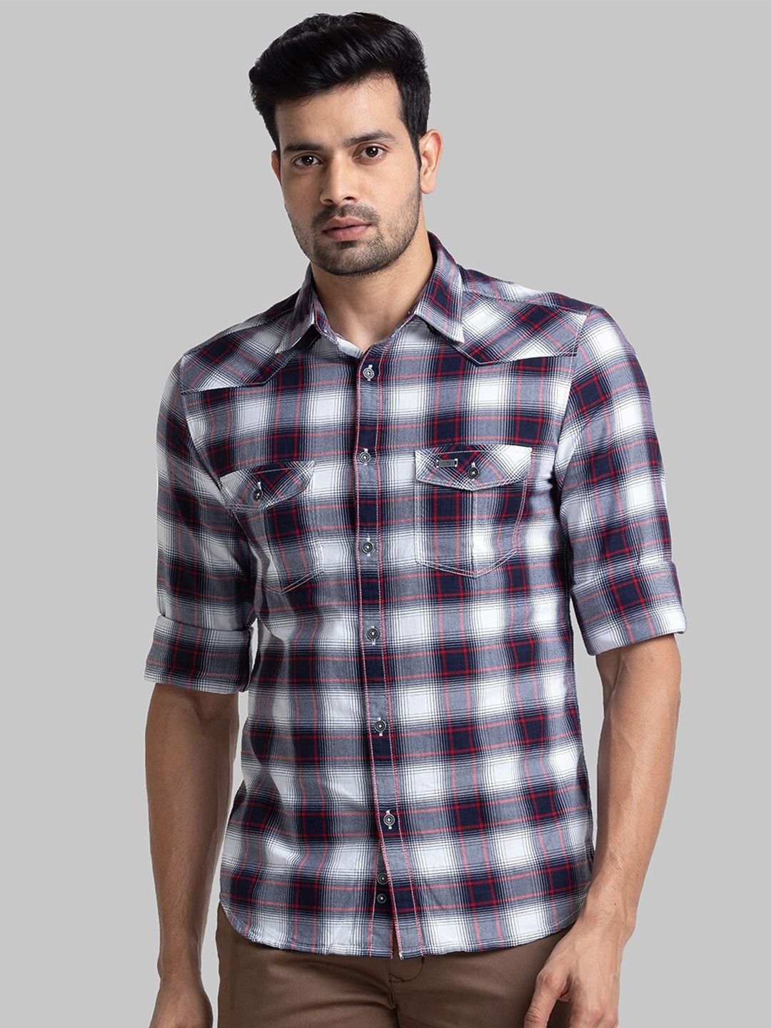 

Parx Slim Fit Tartan Checked Pure Cotton Shirt, Blue
