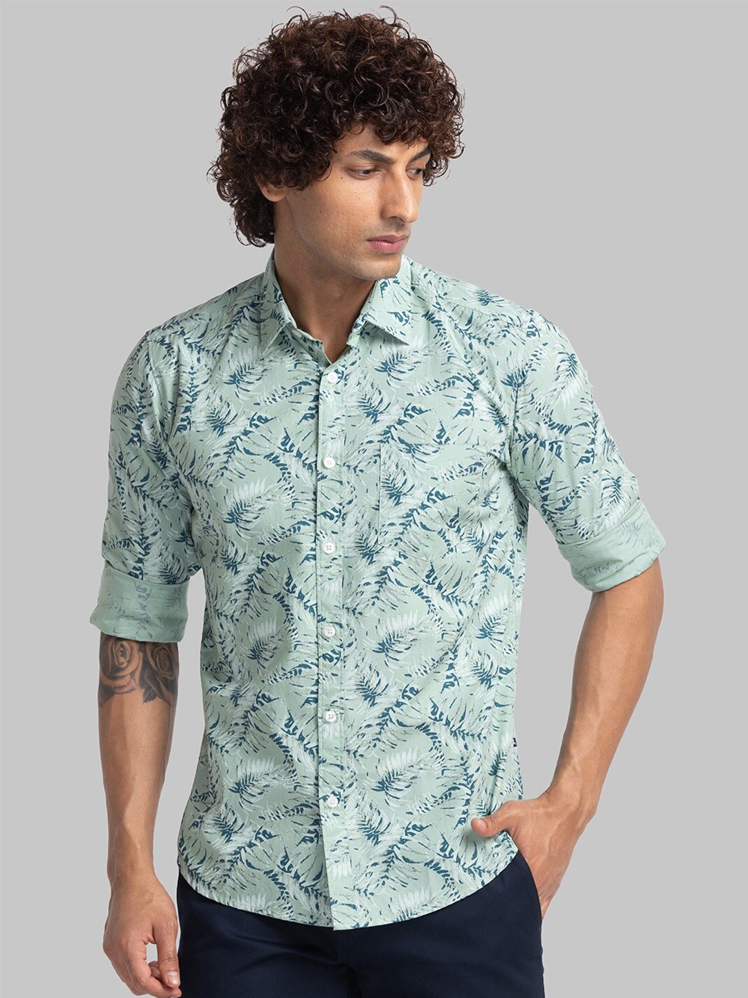 

Parx Slim Fit Tropical Printed Pure Cotton Casual Shirt, Green