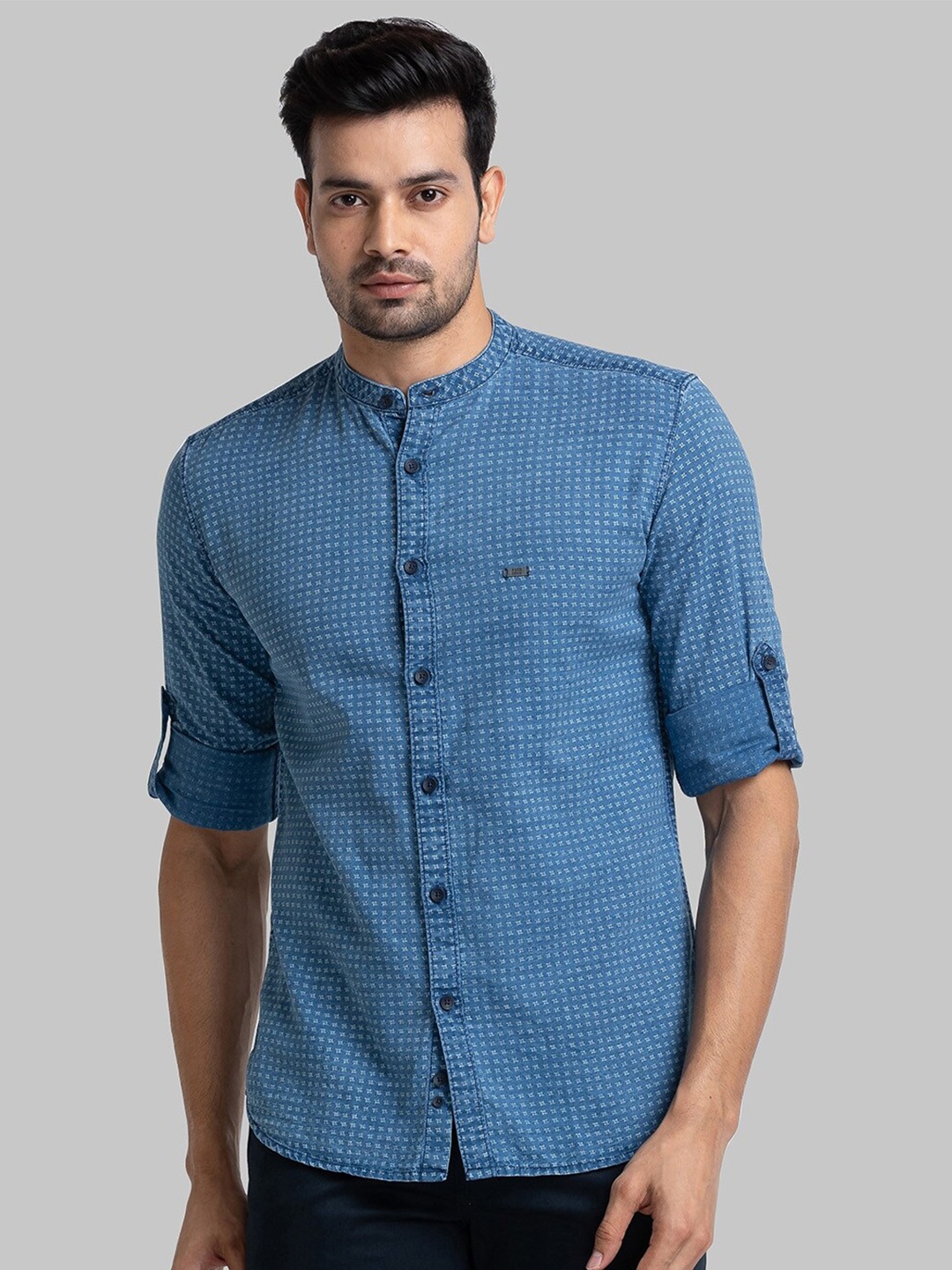 

Parx Slim Fit Micro Ditsy Printed Mandarin Collar Casual Organic Cotton Shirt, Blue