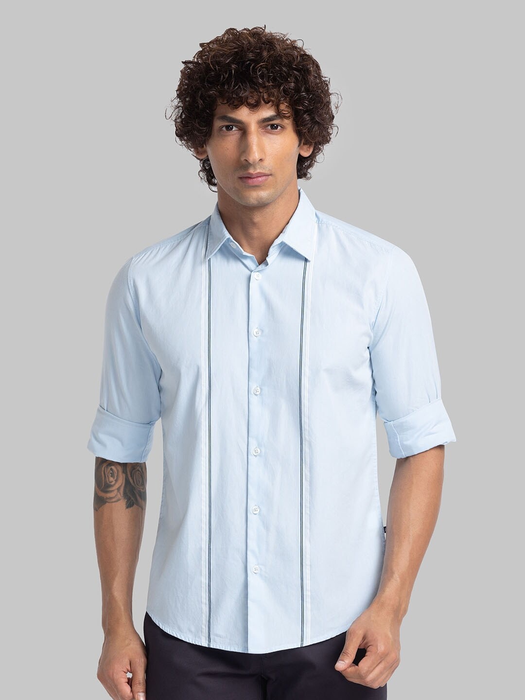 

Parx Slim Fit Opaque Vertical Striped Casual Organic Cotton Shirt, Blue
