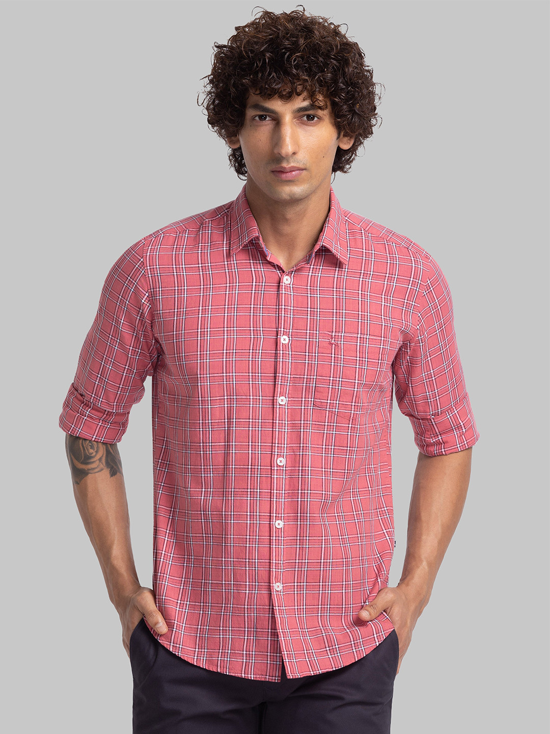

Parx Slim Fit Opaque Checked Organic Cotton Casual Shirt, Red