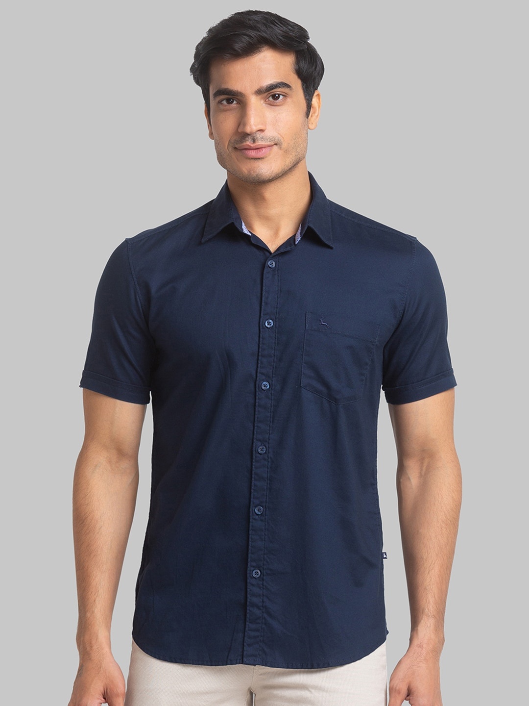 

Parx Spread Collar Short Sleeves Pure Cotton Slim Fit Shirt, Navy blue